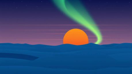 A modern, flat design illustration depicts the mesmerizing Northern Lights beginning to appear over a vibrant sunset sky.  Si