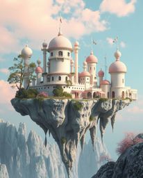 Explore a surreal and dreamlike floating island, featuring strange yet gentle architecture rendered in soft pastel colors. Th