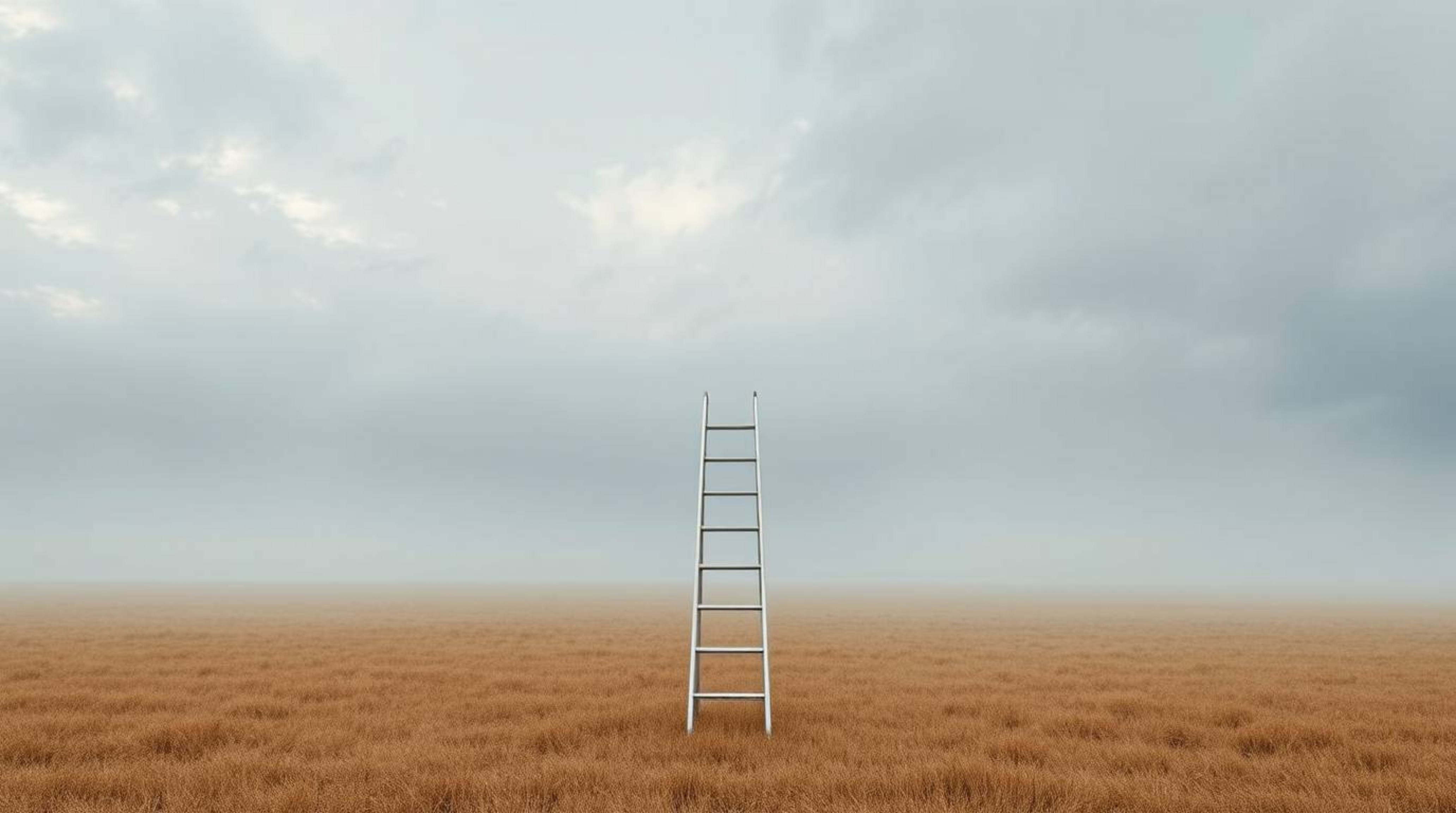 This minimalist scene depicts a silver ladder standing in a wide-open field beneath a cloudy sky, subtly conveying the concep