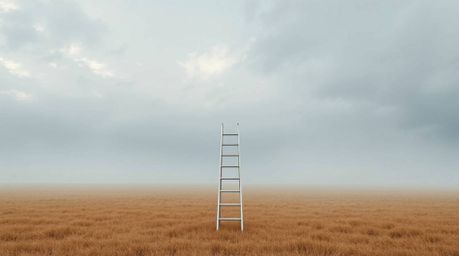 This minimalist scene depicts a silver ladder standing in a wide-open field beneath a cloudy sky, subtly conveying the concep