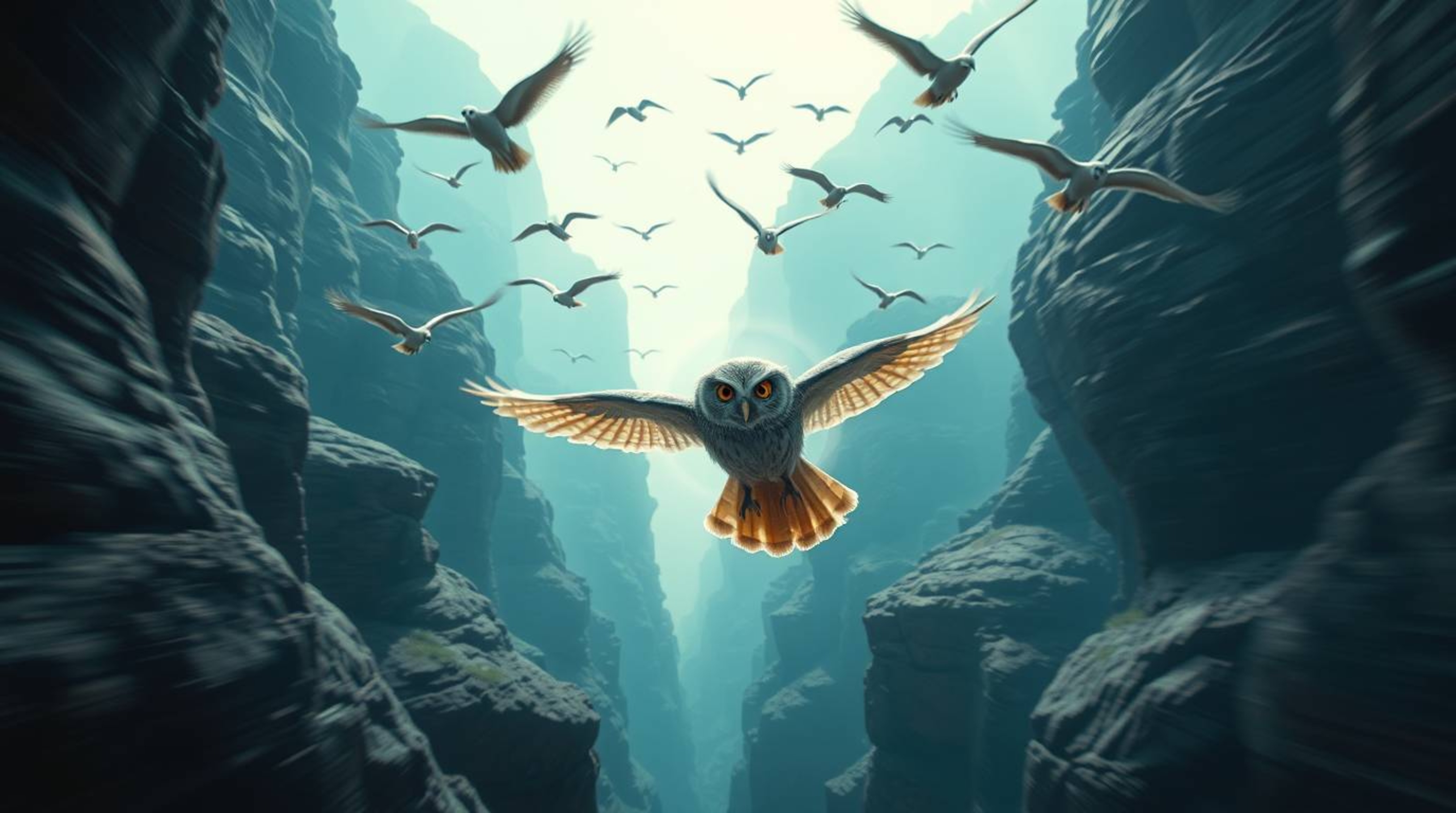 This Pixar-style image presents a powerful and ethereal scene where a blind owl, with subtly detailed feathers and a gentle l