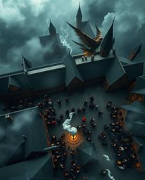 Experience a breathtaking overhead view of a magical school teeming with young wizards.  The dramatic stormy skies and high-t