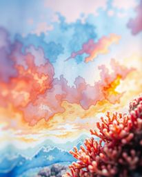 An extreme macro close-up is rendered as a delicate watercolor painting, depicting a colorful sky over a coral reef at low ti