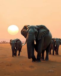 This digital painting captures a serene scene of elephants walking across a field at sunset. The artwork is rendered in a bea