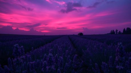 Immerse yourself in the captivating allure of lavender fields bathed in an ethereal glow under a dark pink sky. This high-res