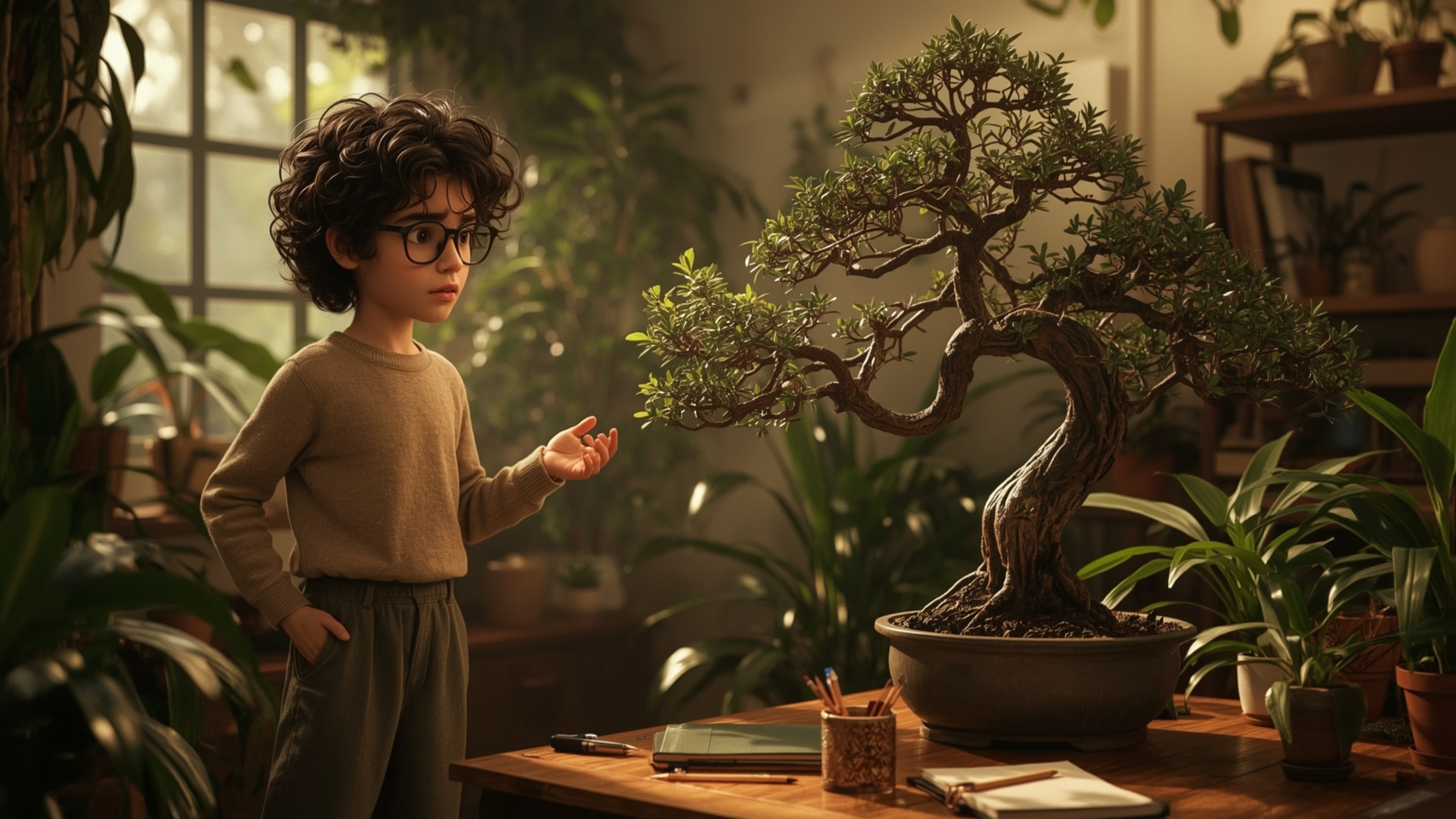 A warm, cinematic photograph of a bespectacled, curly-haired homeschooled genius, reminiscent of Pixar characters, standing i