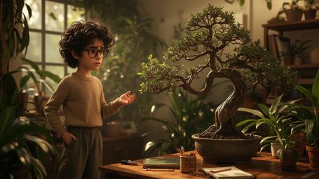 A warm, cinematic photograph of a bespectacled, curly-haired homeschooled genius, reminiscent of Pixar characters, standing i