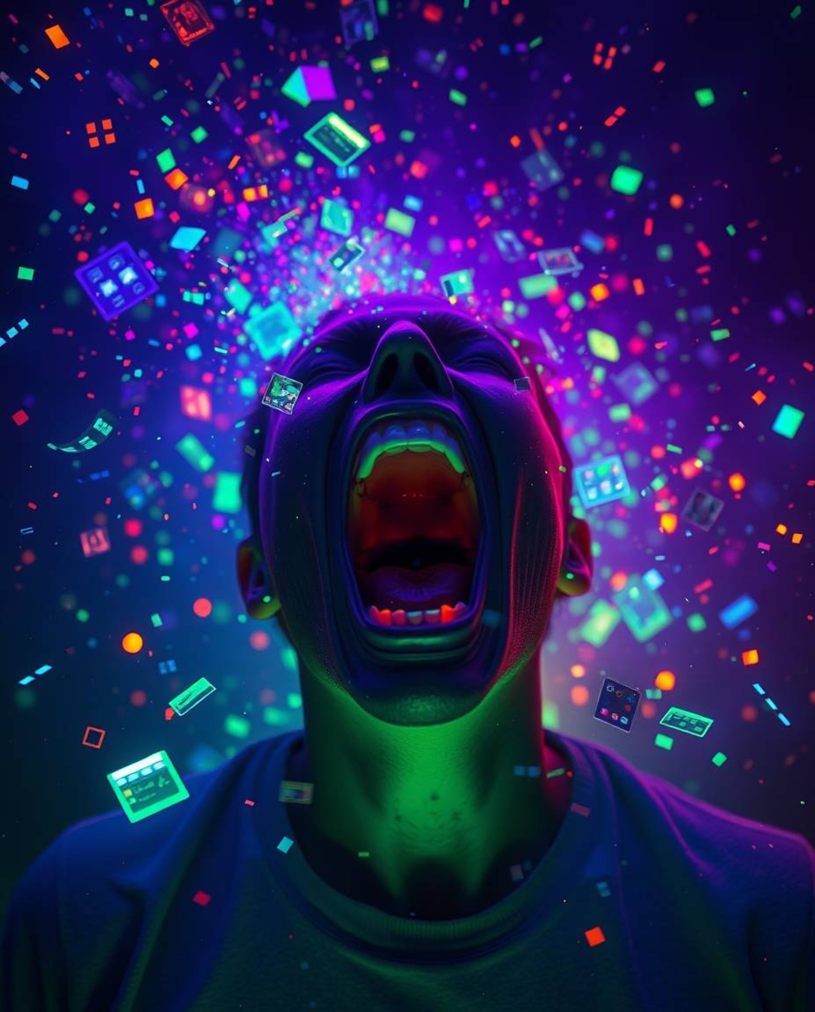 A captivating scene unfolds as an individual's world disintegrates into a mesmerizing display of pixels, illuminated by vibra