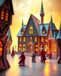 A captivating origami rendering of a magical school teeming with young wizards. Bathed in a warm golden glow, the artwork boa