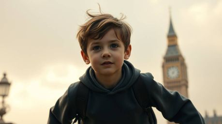 A captivating image of a young boy with tousled hair, soaring above a hazy London backdrop with magical pixie dust.  Rendered
