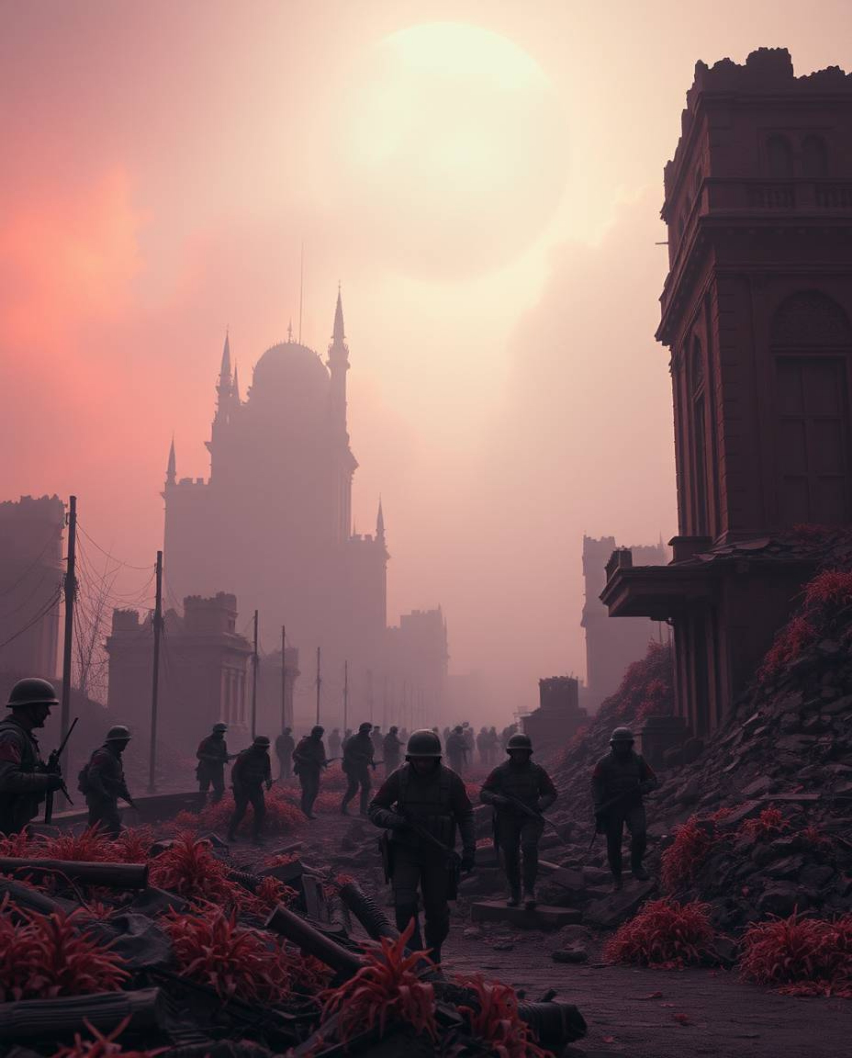 Explore a surreal and dramatic battlefield scene bathed in infrared tones, featuring time-warped soldiers and crumbling build