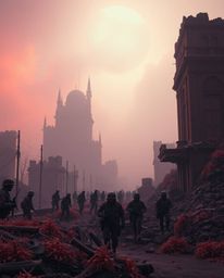 Explore a surreal and dramatic battlefield scene bathed in infrared tones, featuring time-warped soldiers and crumbling build