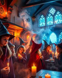 Immerse yourself in a magical school brimming with young wizards, where bright, vibrant colors dance in the light of warm can