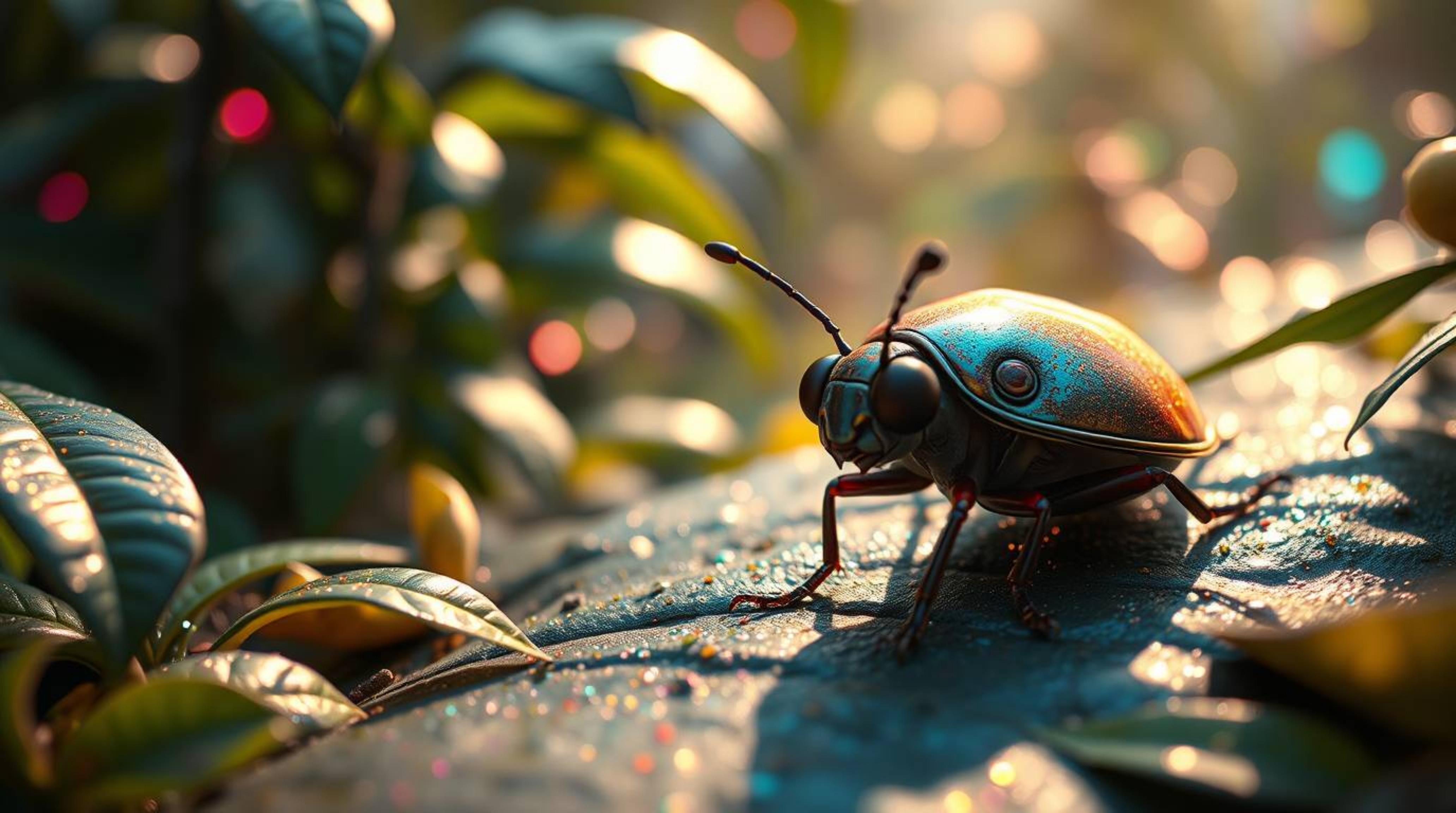 Embark on a captivating adventure with a bug-sized hero exploring a vibrant backyard jungle.  Witness stunning iridescent col