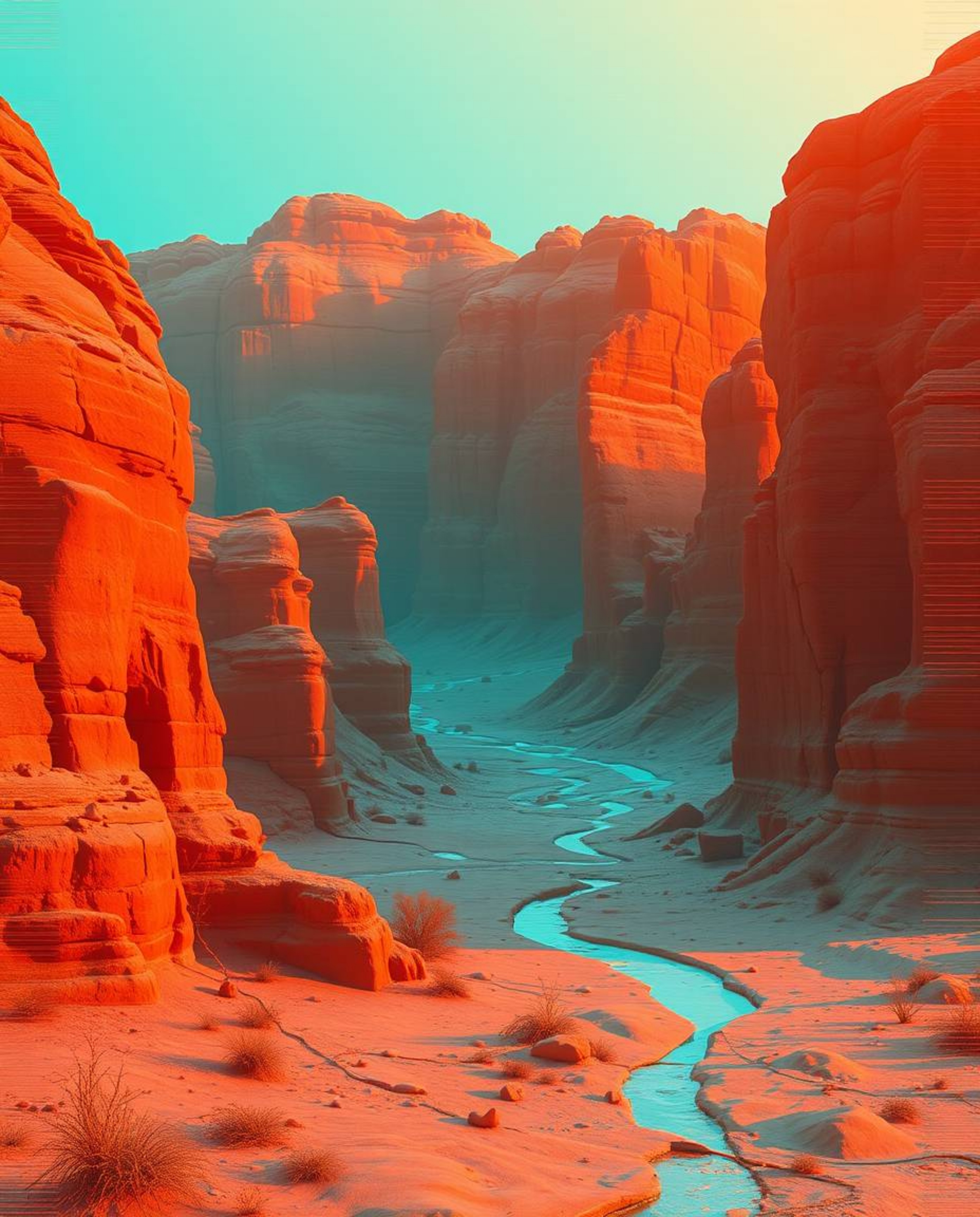 Immerse yourself in a captivating digital landscape where warm terracotta hues meet cool teal glitches, creating an earthy ye