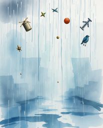 Explore a delicate watercolor painting depicting a surreal storm in a wet, rainy environment. This artwork showcases flying o