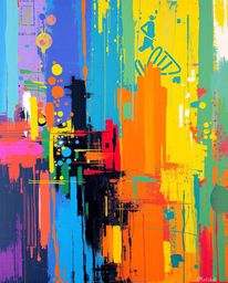 This vibrant acrylic painting depicts a bold digital glitch landscape, characterized by textured brushstrokes and a captivati
