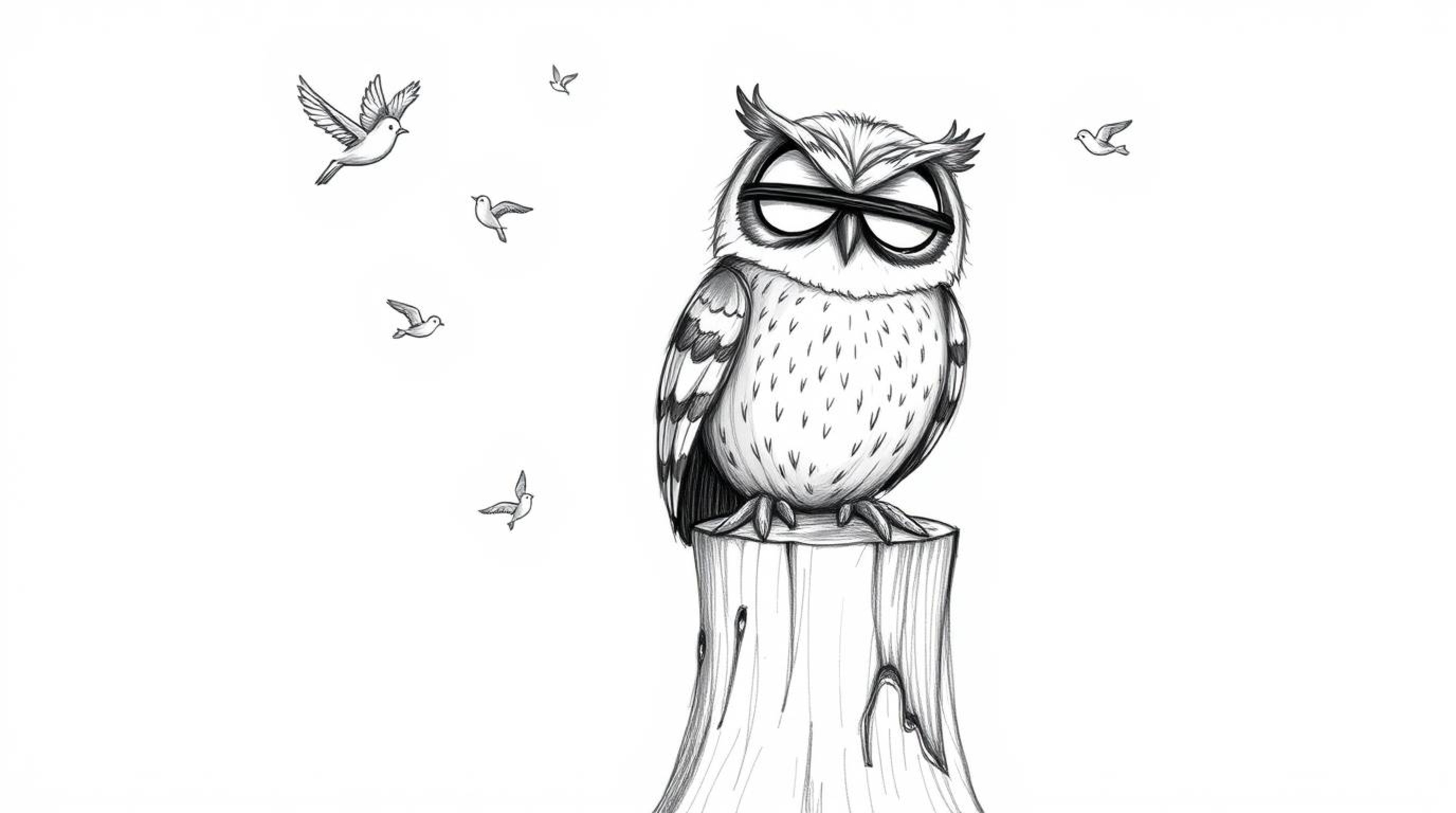 A heartwarming hand-drawn sketch in the style of Pixar depicts a kind, blind owl teacher perched on a tree stump, surrounded 