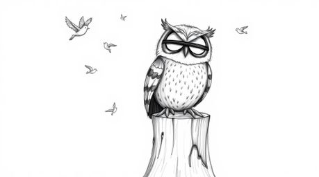 A heartwarming hand-drawn sketch in the style of Pixar depicts a kind, blind owl teacher perched on a tree stump, surrounded 