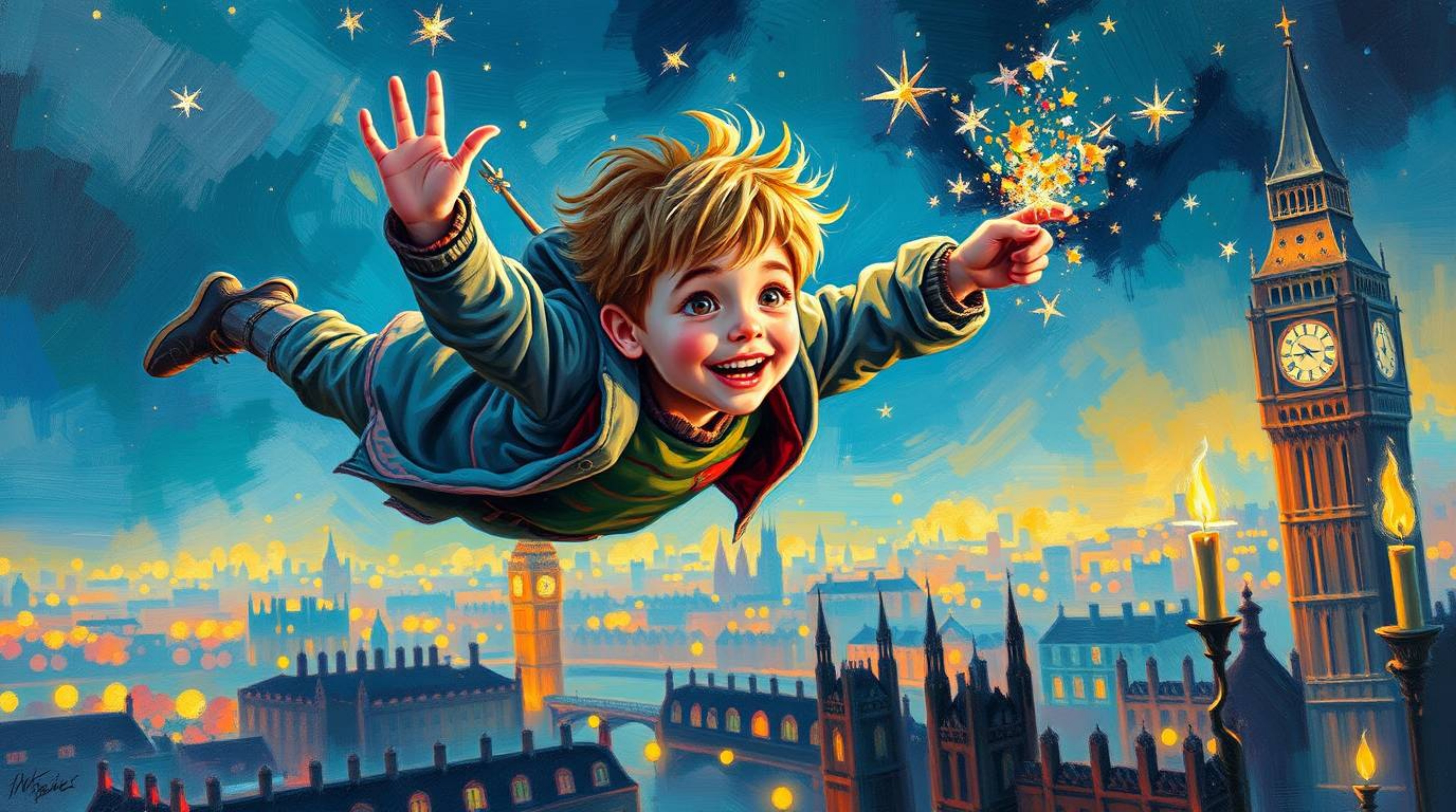 This captivating acrylic painting depicts a young boy soaring above London, propelled by magical pixie dust and bathed in the