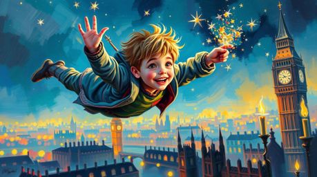 This captivating acrylic painting depicts a young boy soaring above London, propelled by magical pixie dust and bathed in the