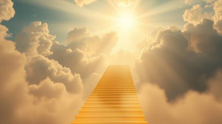 A dramatic cinematic image depicts a golden staircase ascending through ethereal clouds towards a glowing heaven. Sunlight pi