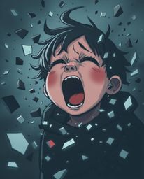 A charming, adorable character screams as the world around them dramatically crumbles into pixels. This moody, low-contrast i