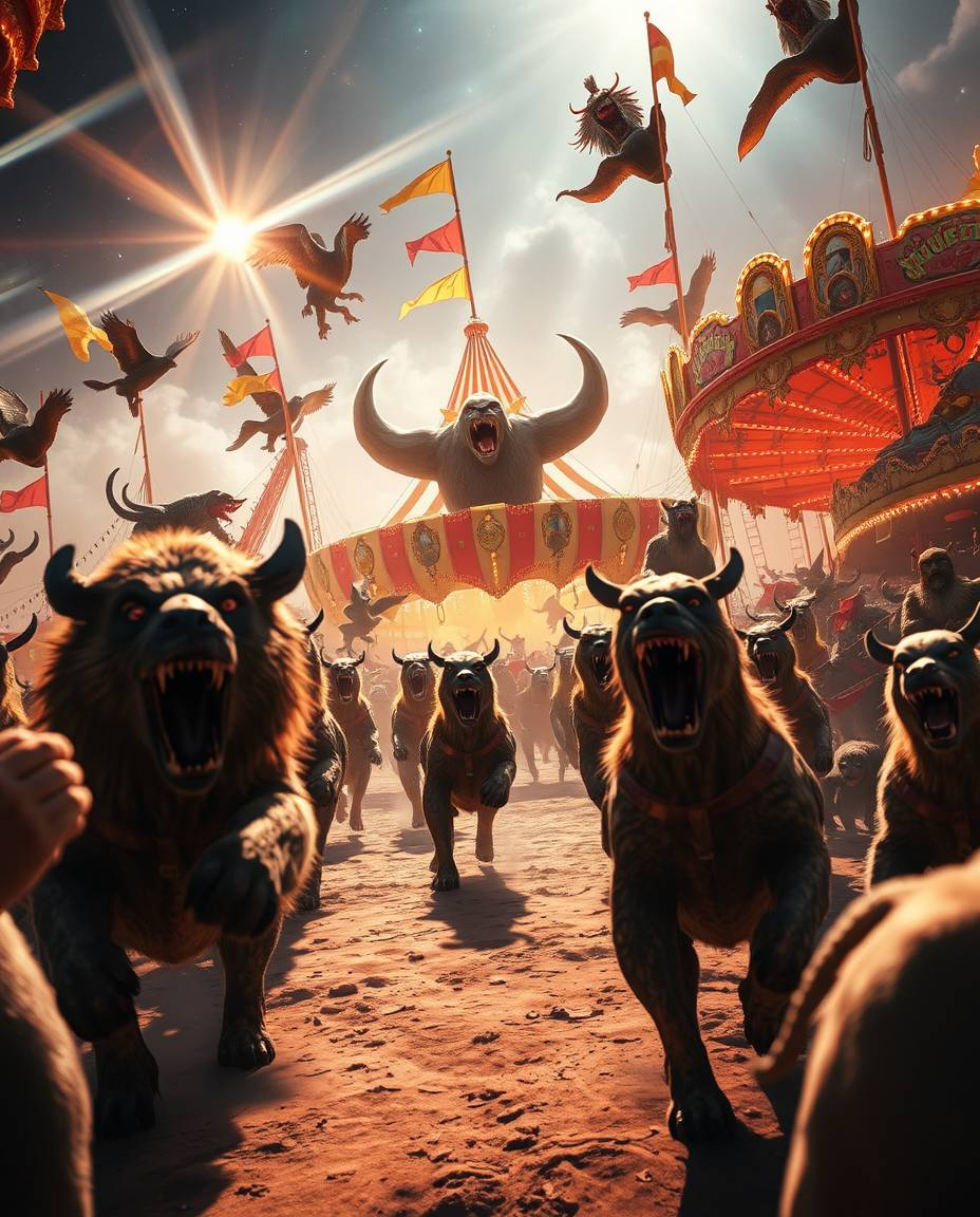 Experience a carnival unlike any other, overrun by wild animals in a breathtaking modern futuristic scene.  Bright lens flare