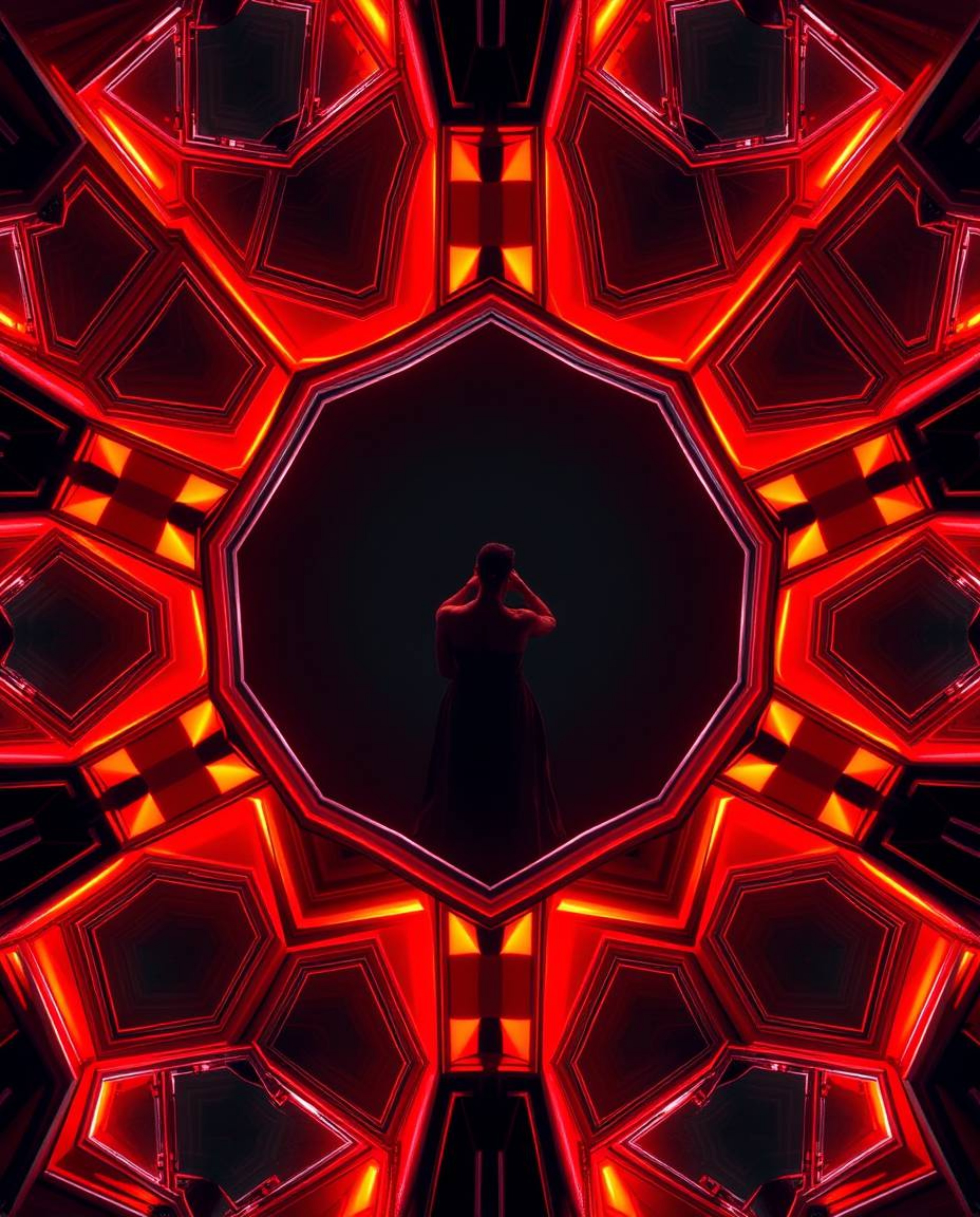Overhead shot showcasing a precise architectural color photograph of a seamless geometric pattern formed by hexagons and tria