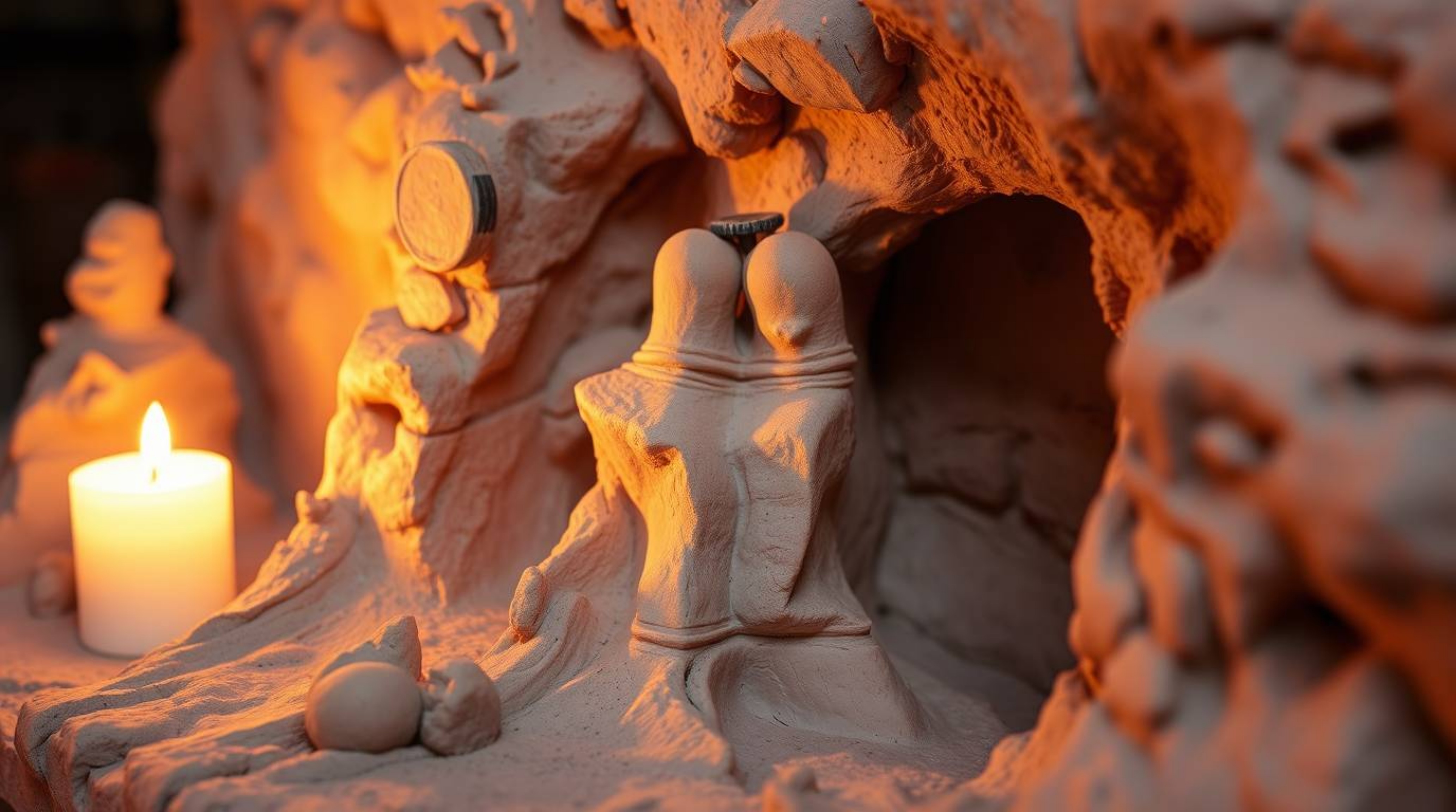 Experience the beauty of a rocky canyon sculpted from clay, illuminated by warm candlelight casting intricate shadows that hi
