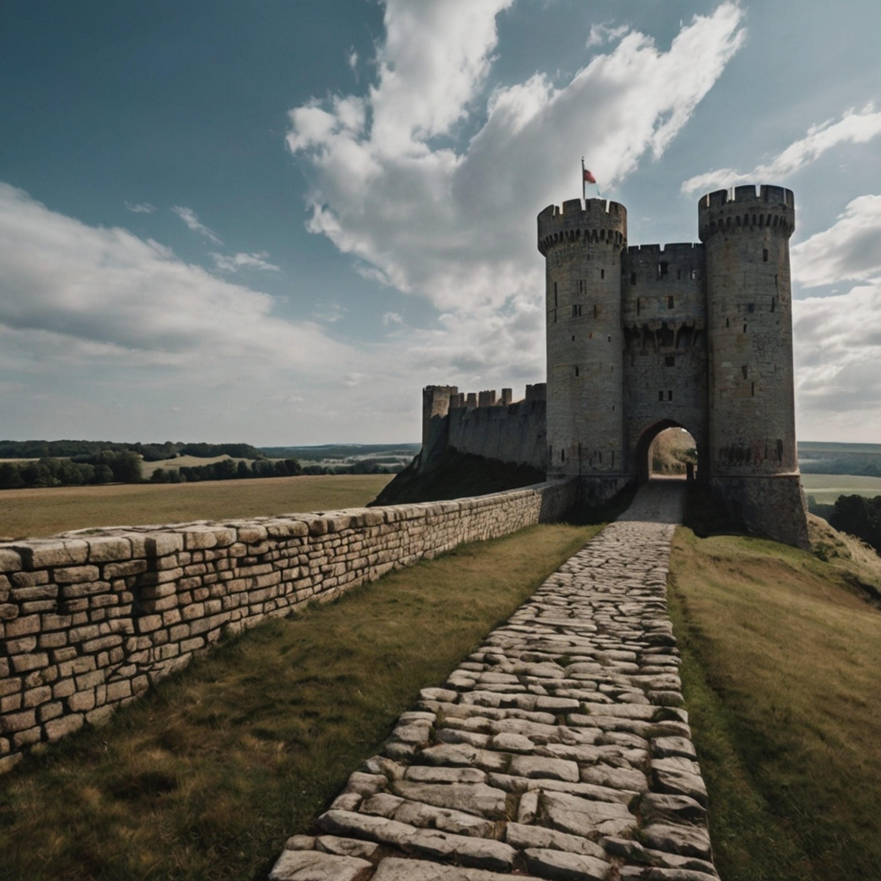 Explore a formidable medieval fortress, defined by its imposing stone wall and secure drawbridge. A commanding castle tower p