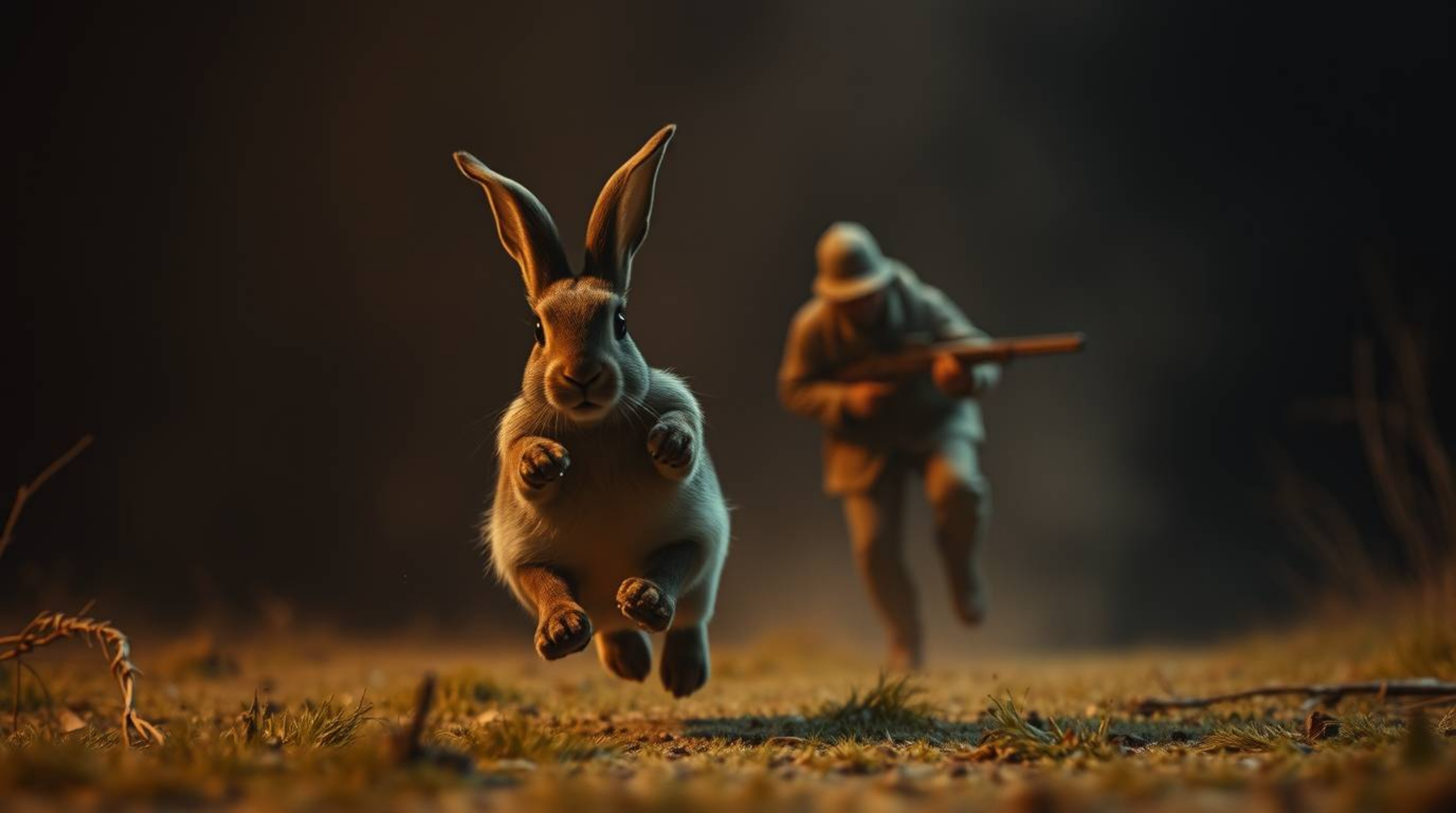 Experience a dramatic cinematic photograph of a wacky rabbit cleverly outrunning a hunter in a hilarious slapstick scene. The