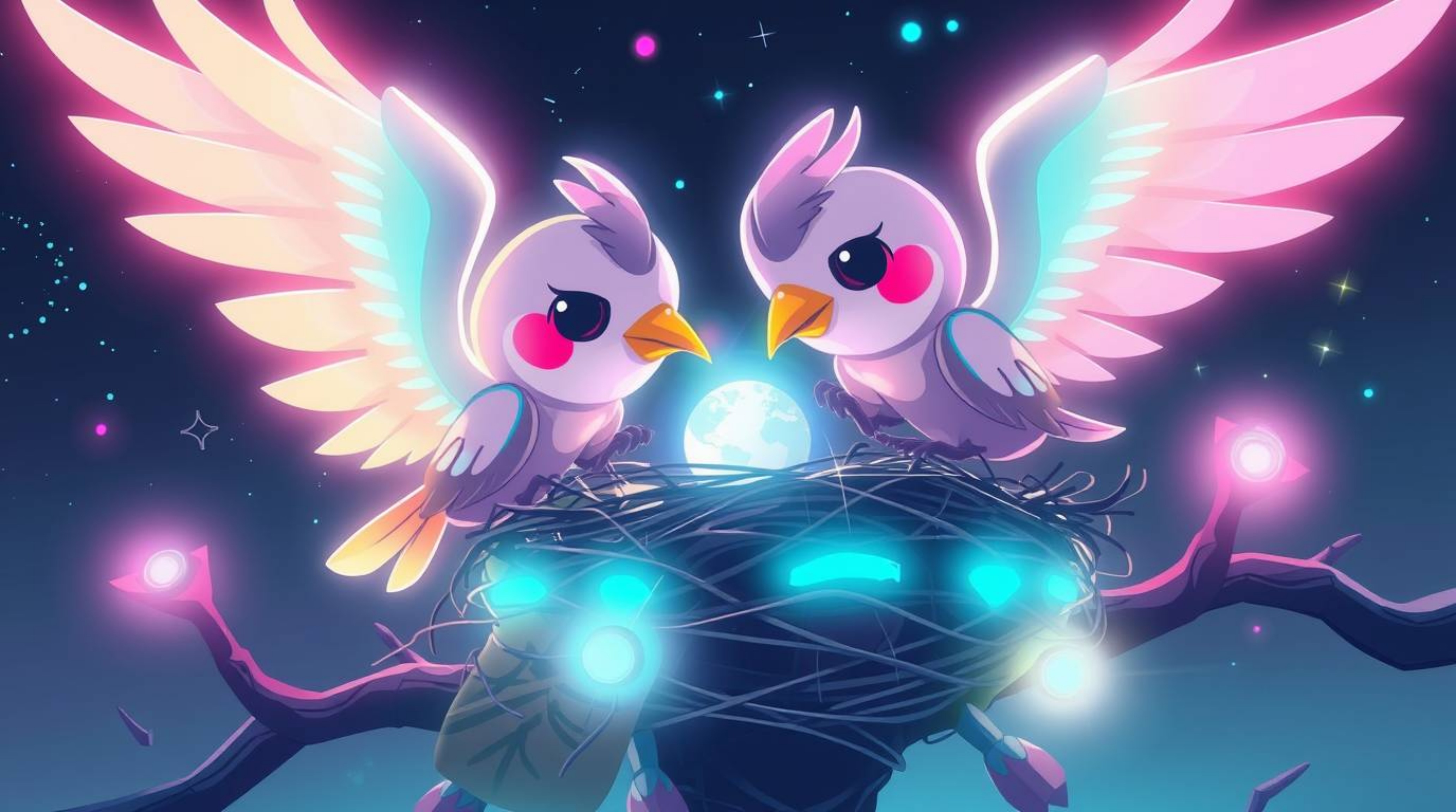 This futuristic sci-fi digital illustration depicts two charming cartoon birds diligently constructing a nest. Rendered in a