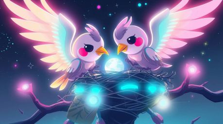 This futuristic sci-fi digital illustration depicts two charming cartoon birds diligently constructing a nest. Rendered in a