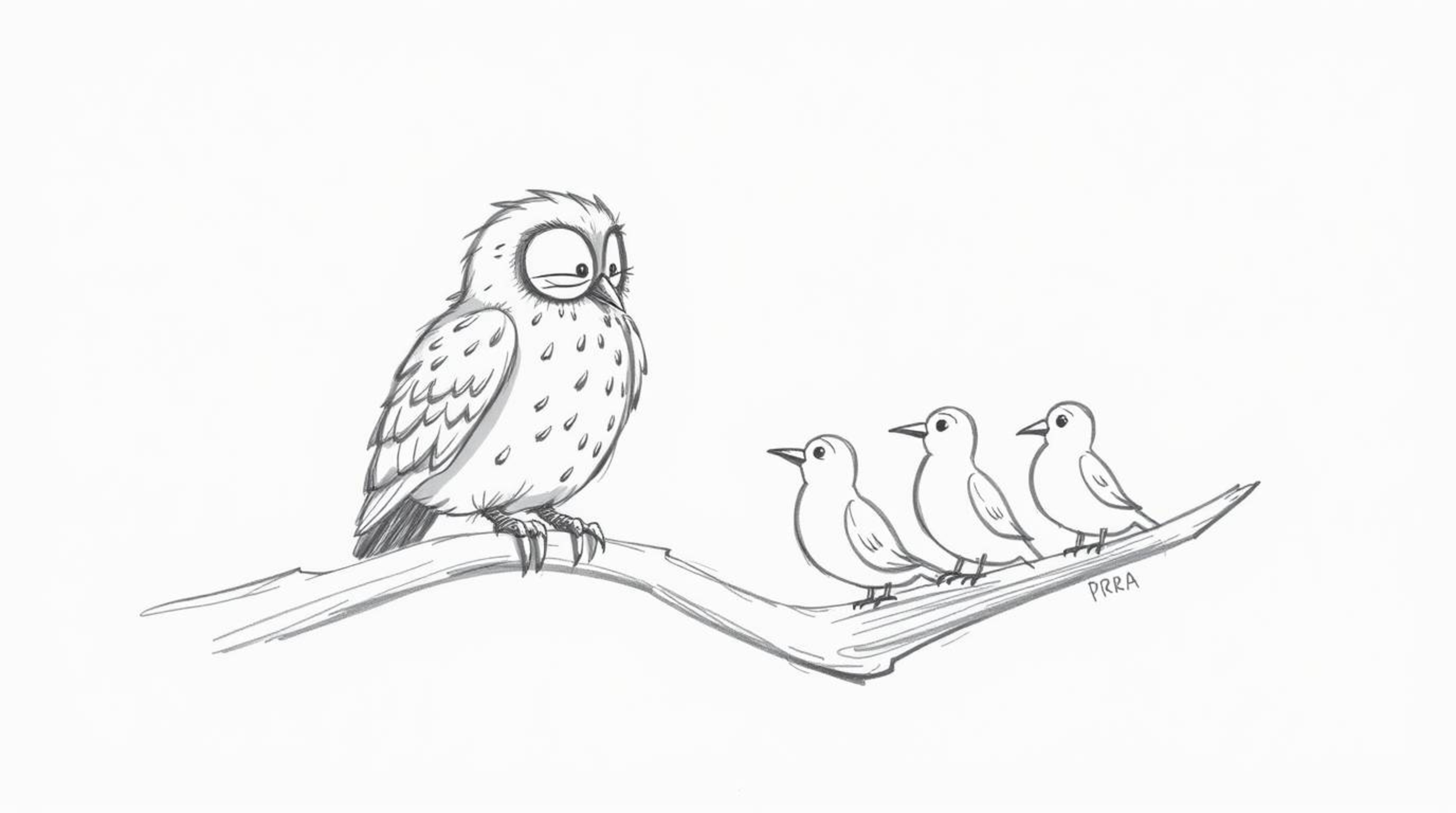A charming hand-drawn sketch in the style of Pixar depicts a wise, blind owl with soft, downy feathers perched on a hollow br