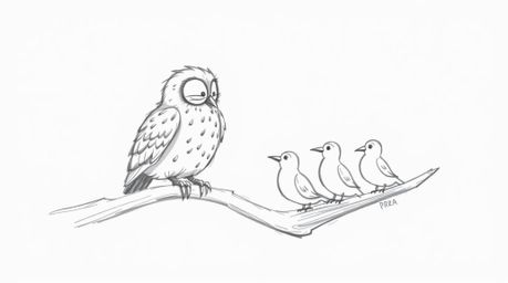 A charming hand-drawn sketch in the style of Pixar depicts a wise, blind owl with soft, downy feathers perched on a hollow br