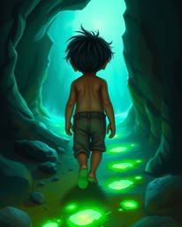 A captivating digital painting depicts a child with tan skin and dark hair venturing into a cave, guided by a trail of glowin