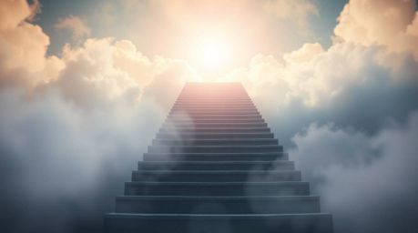 A surreal image depicts a stairway ascending through smoky clouds towards a bright celestial light.  Bathed in a soft, cinema