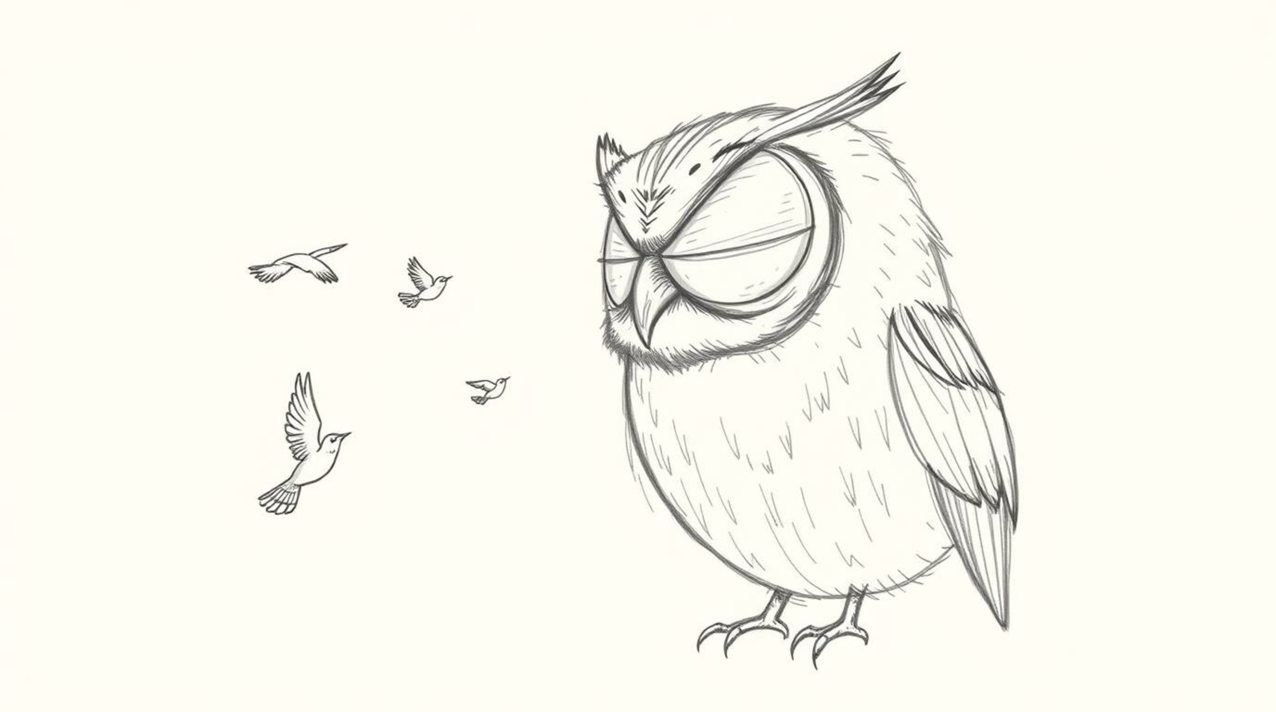 A hand-drawn sketch showcases a blind owl, rendered in the style of Pixar animation, with textured pencil strokes against a w