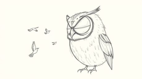 A hand-drawn sketch showcases a blind owl, rendered in the style of Pixar animation, with textured pencil strokes against a w