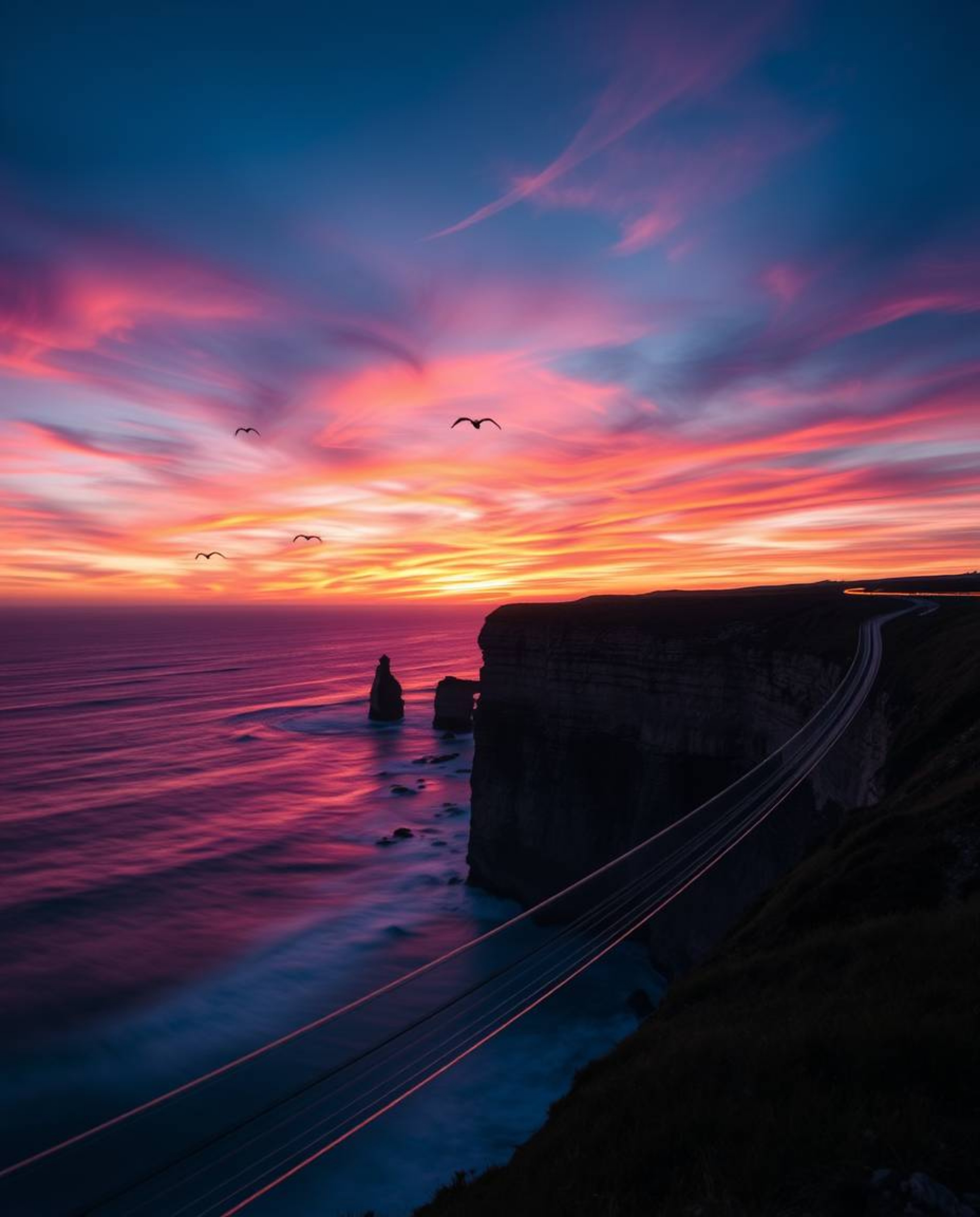 A stunning long-exposure photograph captures the motion and light trails of a sunset over a coastal cliff. The soaring birds 