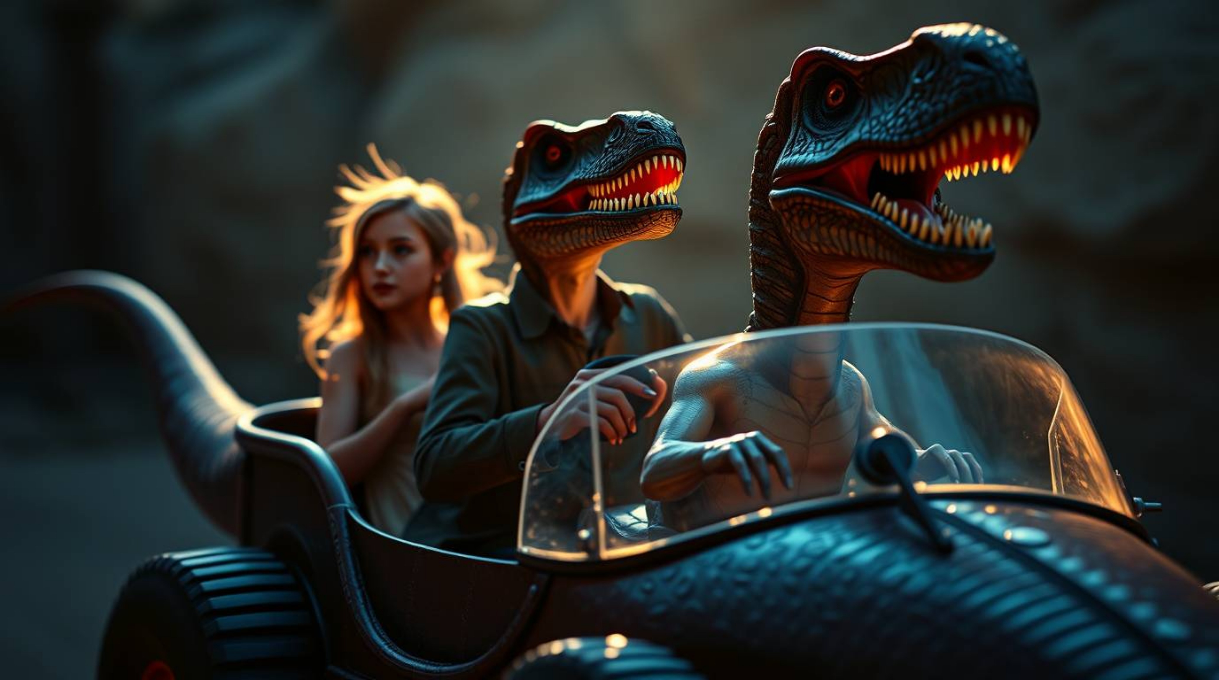 A captivating close-up showcases a sophisticated prehistoric family enjoying a ride in a unique dinosaur car.  The image is r