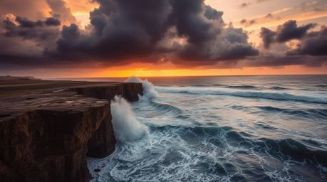 Experience the raw power of nature as waves crash against rugged cliffs beneath a stormy, blazing sunset sky. Feel the intens