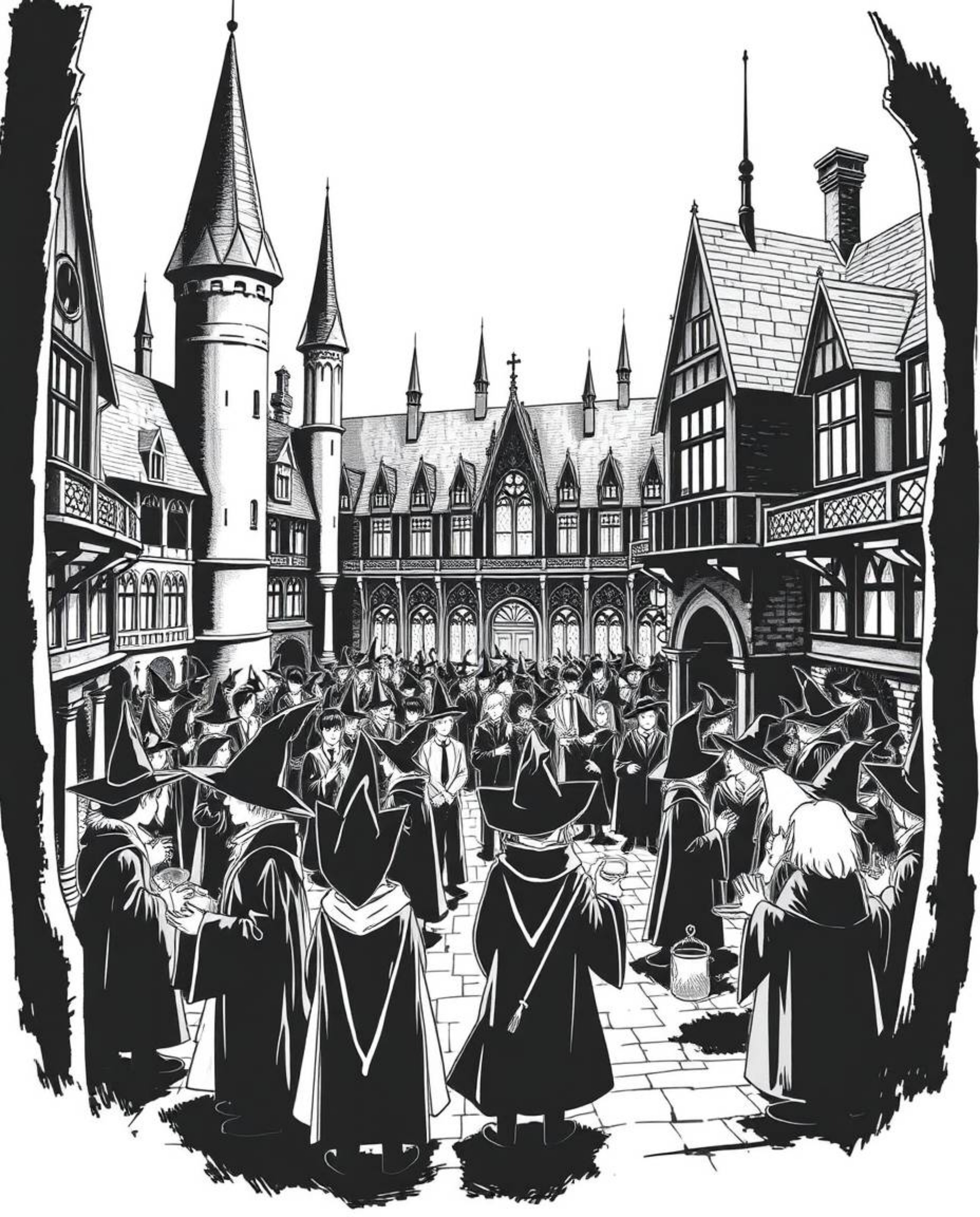 Experience a timeless and elegant vision of a magical school teeming with young wizards, captured in classic black and white.