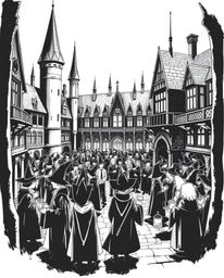 Experience a timeless and elegant vision of a magical school teeming with young wizards, captured in classic black and white.