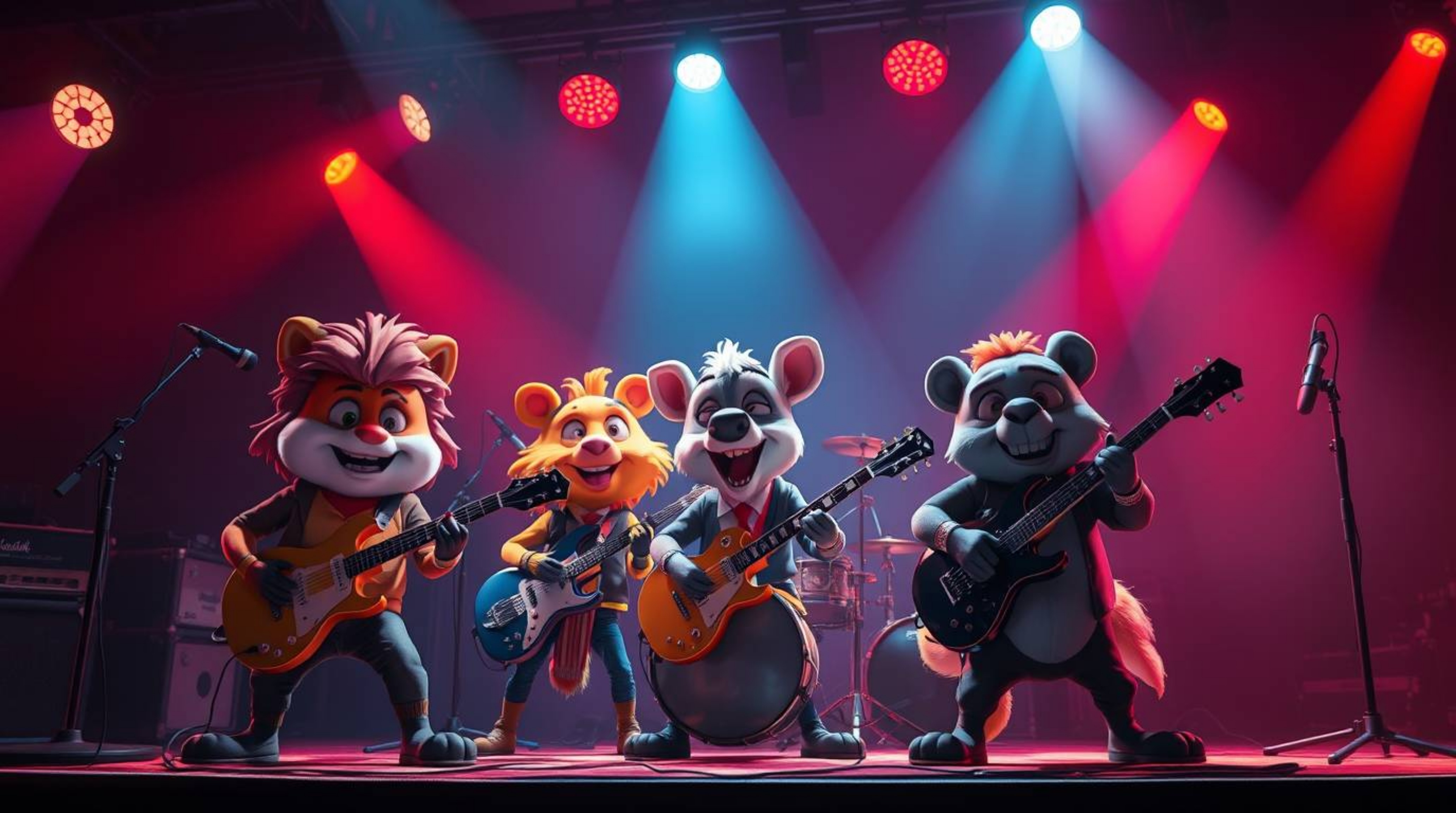 A captivating scene unfolds featuring a band of cartoon animals rocking out under intense, dramatic lighting.  Vibrant, compl