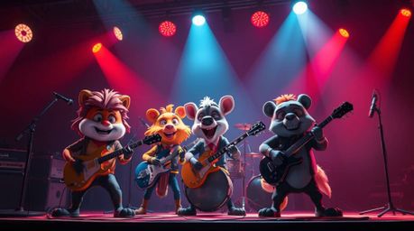 A captivating scene unfolds featuring a band of cartoon animals rocking out under intense, dramatic lighting.  Vibrant, compl