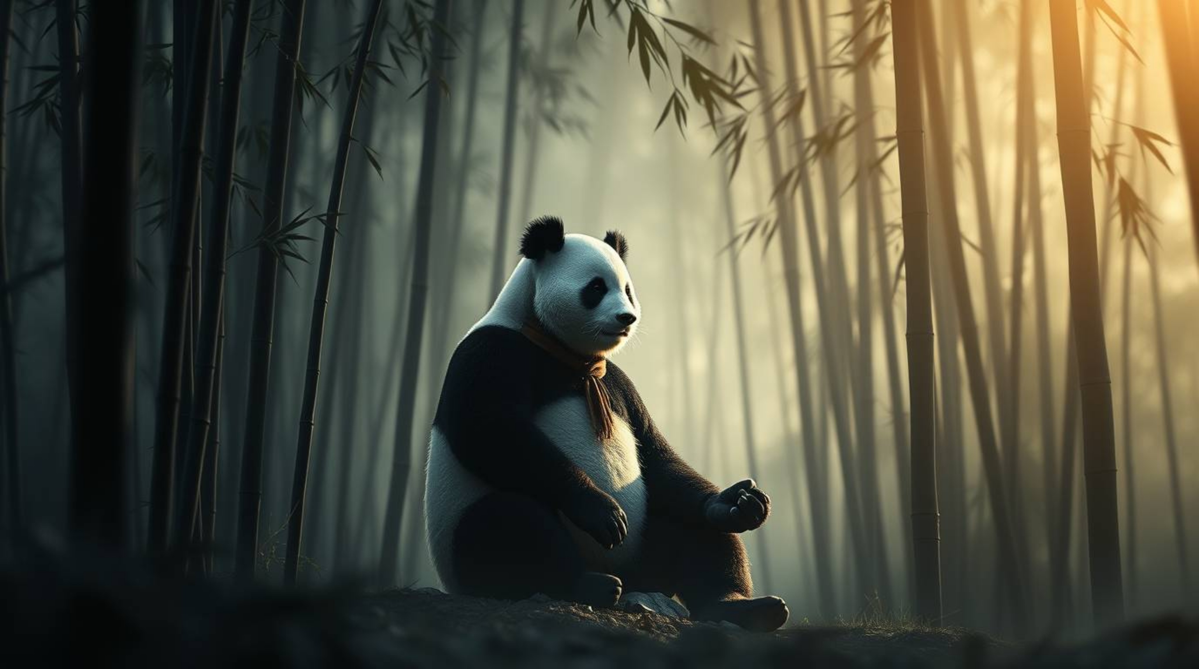 A cinematic illustration showcases a panda martial artist deeply engaged in meditation within a serene bamboo forest. The sce