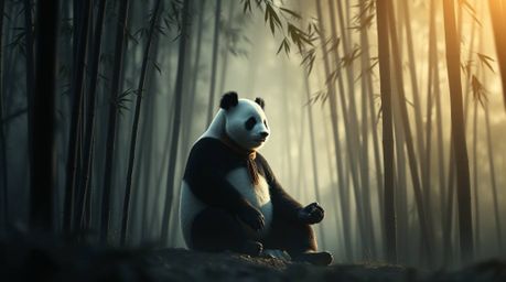 A cinematic illustration showcases a panda martial artist deeply engaged in meditation within a serene bamboo forest. The sce