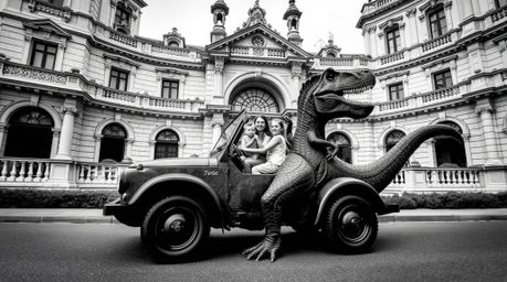 A captivating black and white architectural photograph depicts a prehistoric family enjoying a ride in a dinosaur-shaped car.